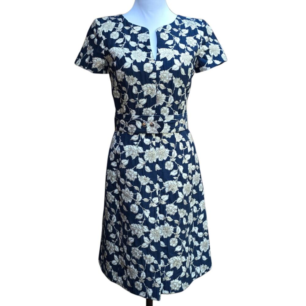 Brooks Brothers Red Fleece Navy Floral Metallic Jacquard Belted Dress Size 0